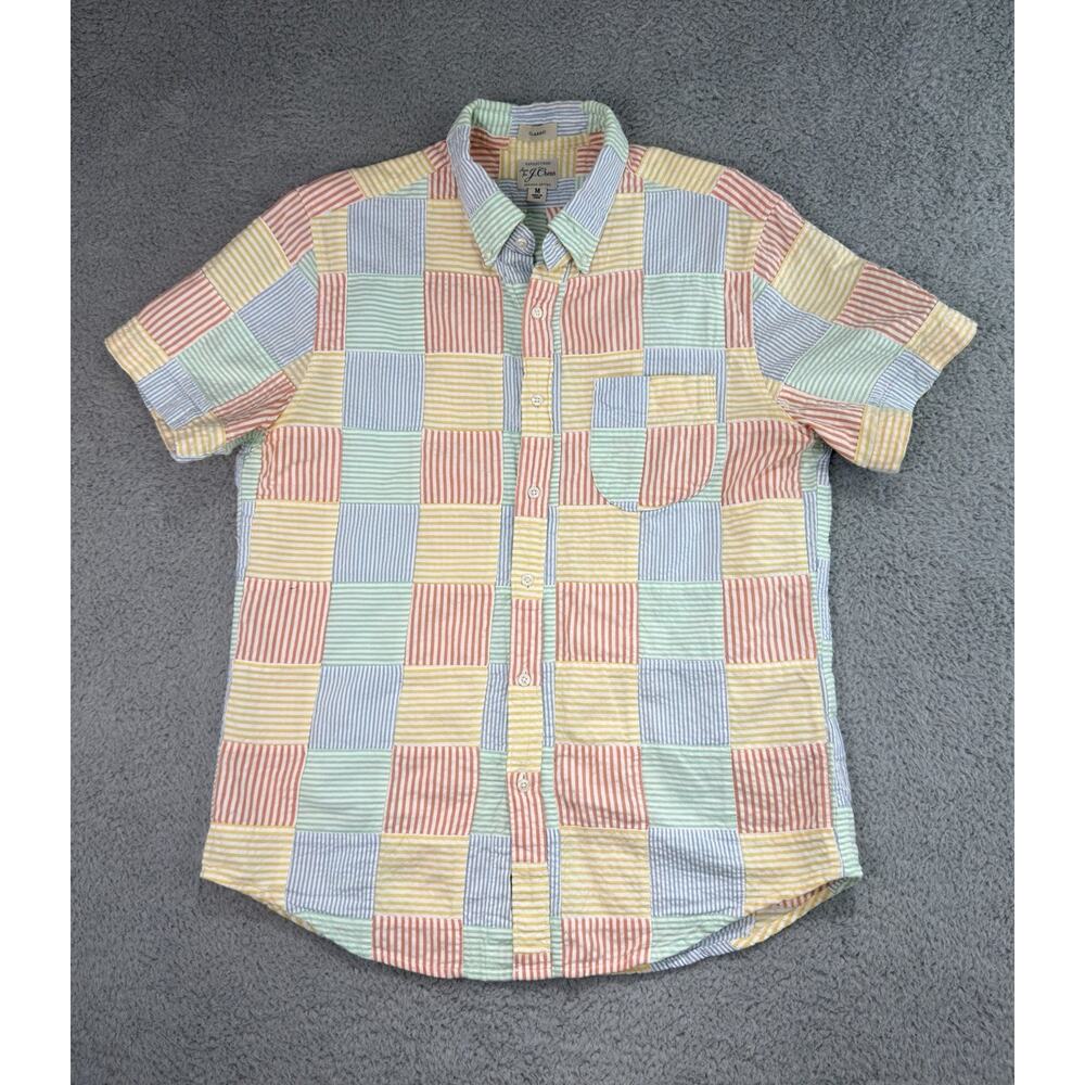 J Crew Patchwork Seersucker Organic Cotton Shirt Mens Medium Short Sleeve Preppy